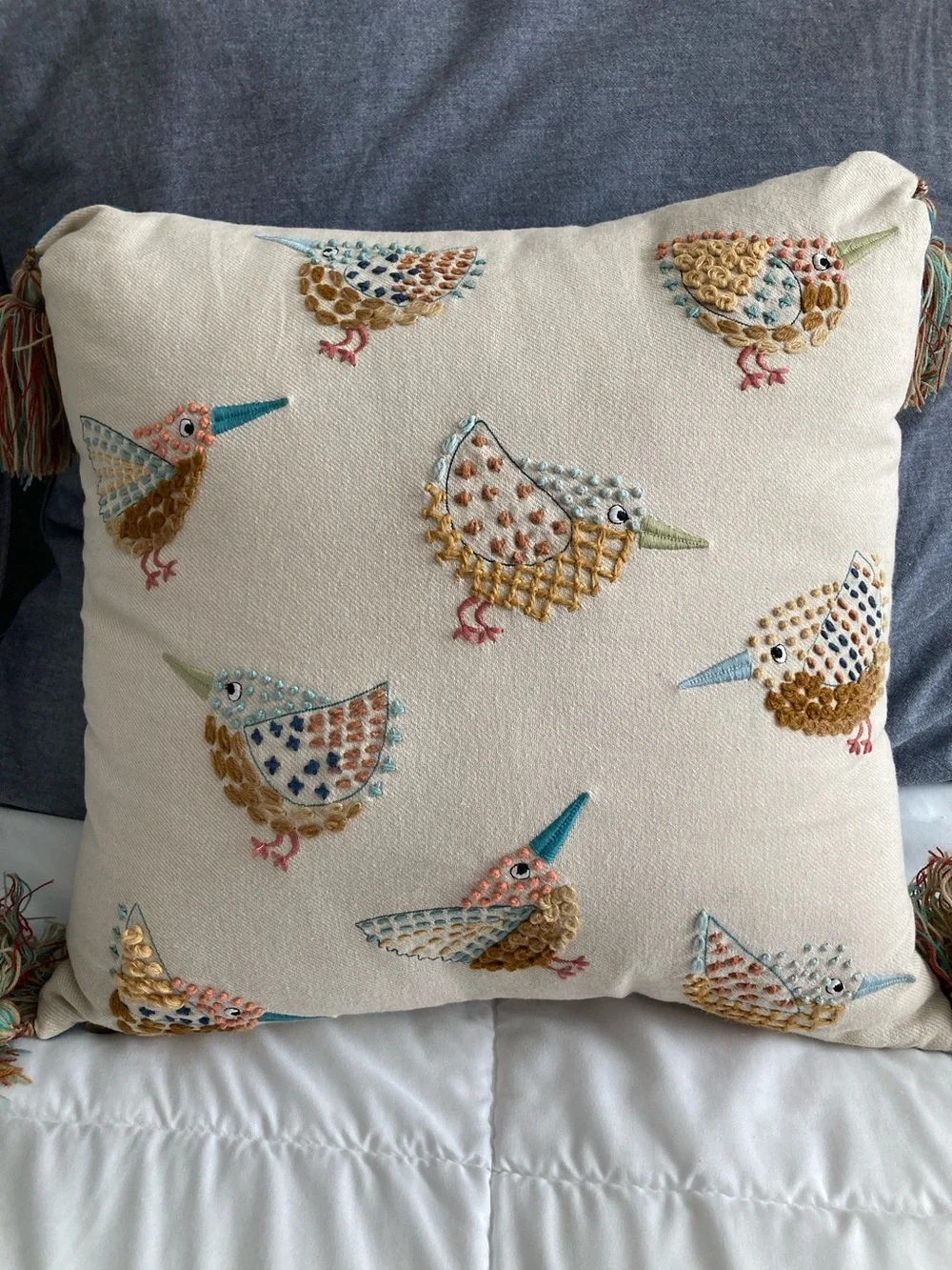 Pier 1 Cream Embroidered Bird Toss Pillow with Multicolor Accents - Picture 1 of 5